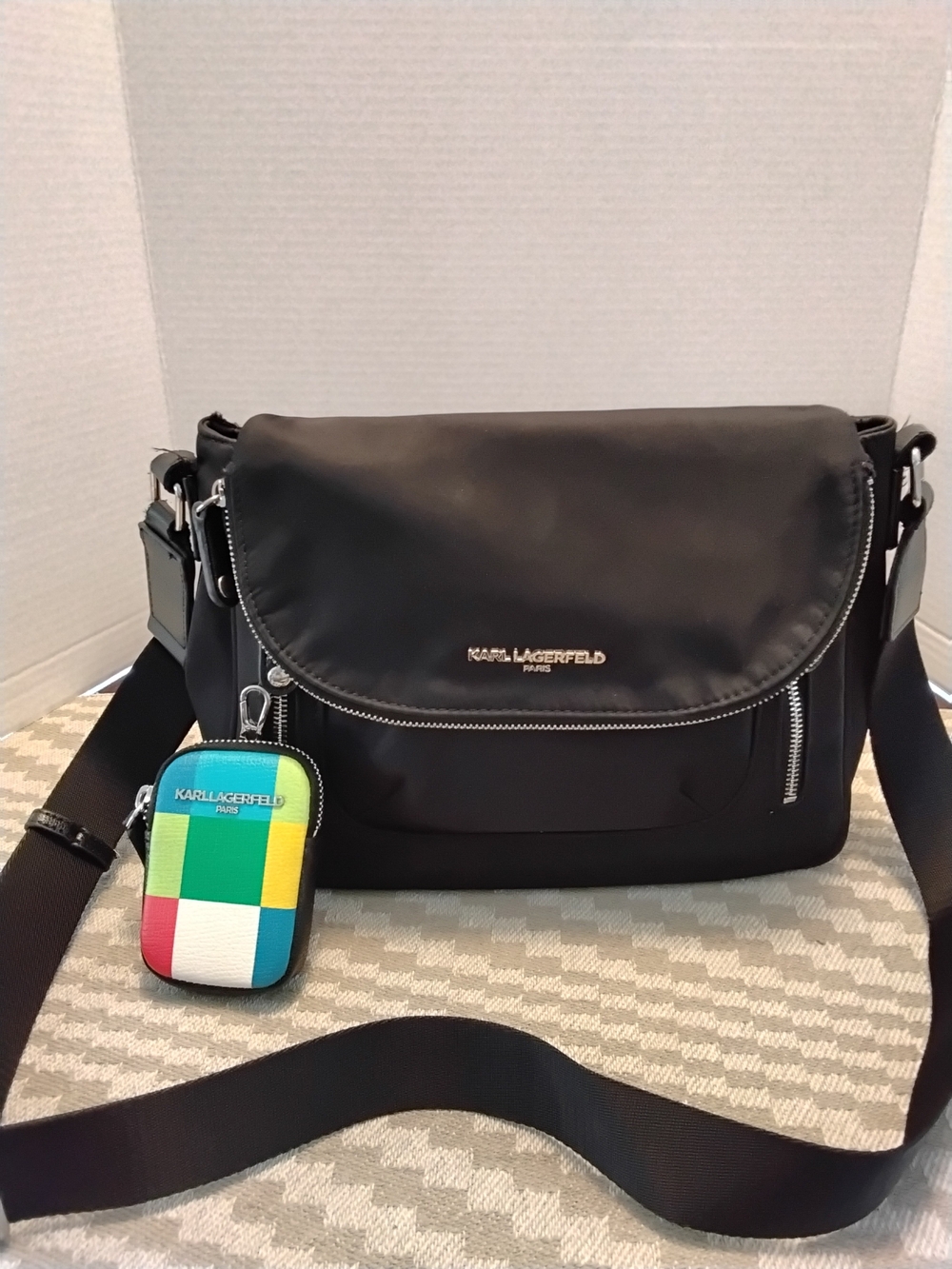 Karl Lagerfeld Black Nylon Cara Messenger Bag with Multicolor  Coin Purse/key